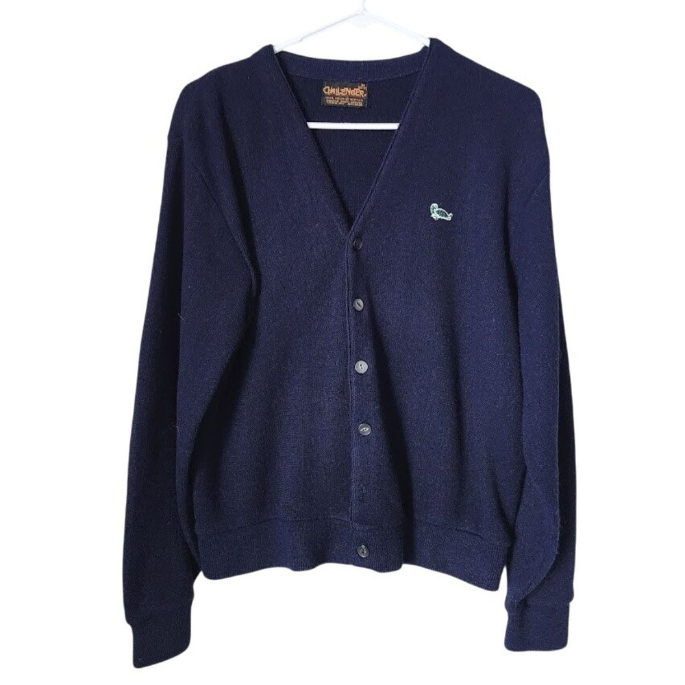 CHALLENGER VINTAGE 70's Turtle Embroidered‎ Cardigan Navy Blue M Retro Preppy - Picture 2 of 7